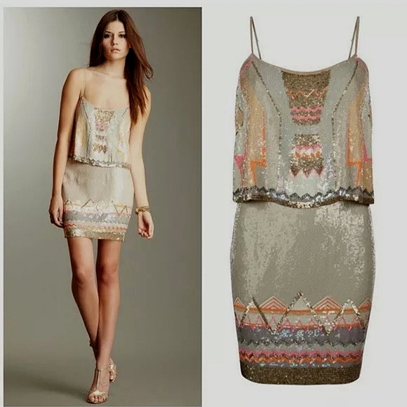 All Saints Dresses & Skirts - AllSaints Sequined Mini Dress in Taupe with Pink & Gold Accents